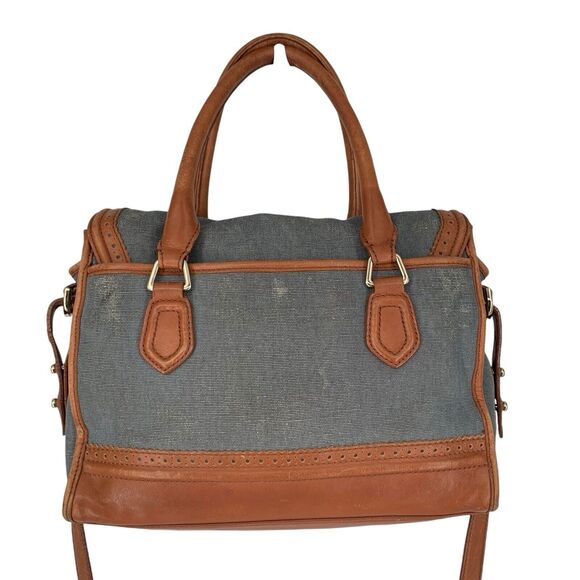 Cole Haan Blue Brown Leather Flap Brooke Tote Crossbody Canvas Spectator - Picture 2 of 16